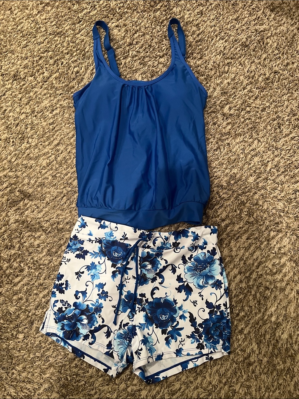 Blue Tankini Top with Floral Boardshorts Swim Set